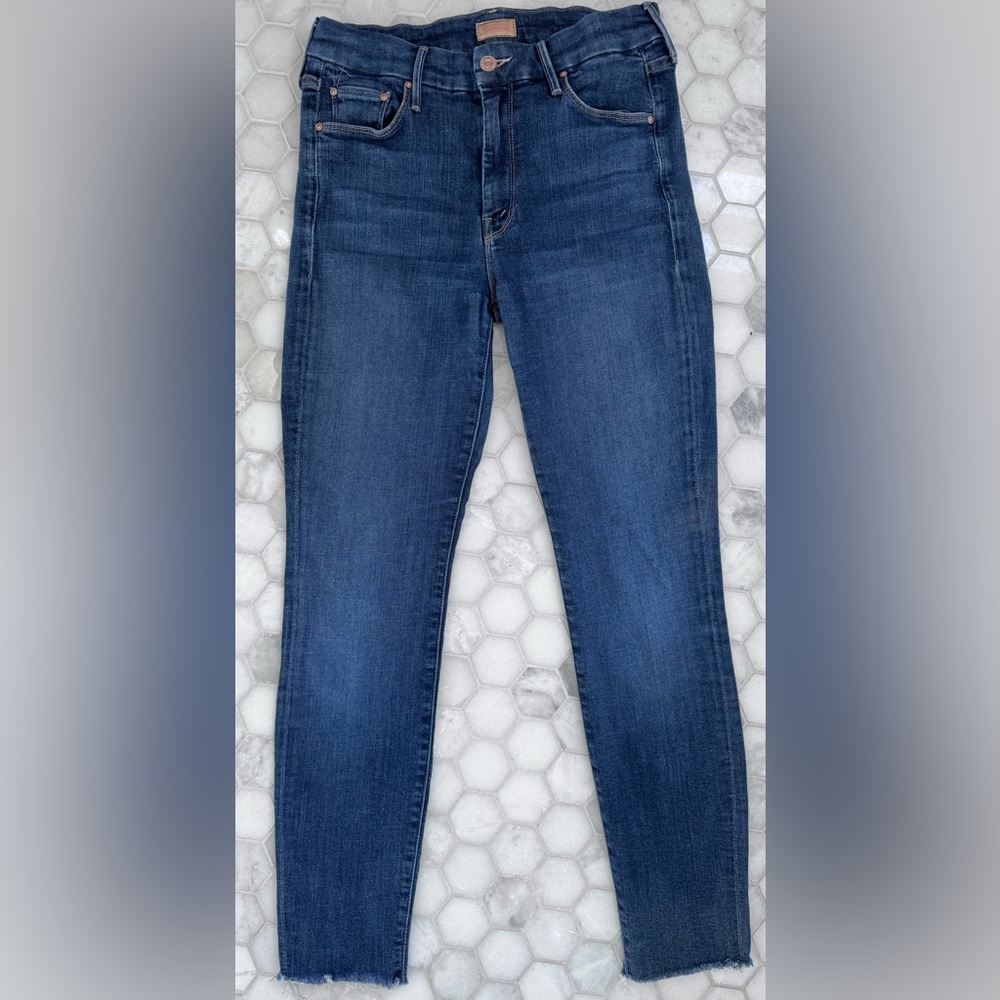Mother Looker Ankle Fray Jeans Size 28 Dark Wash Skinny Raw Hem